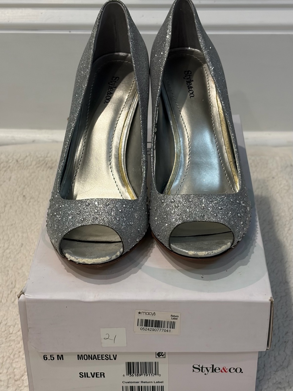 Style & Co. Silver Glitter Rhinestone "Monae" Peep-Toe Pumps (Size 6.5M)